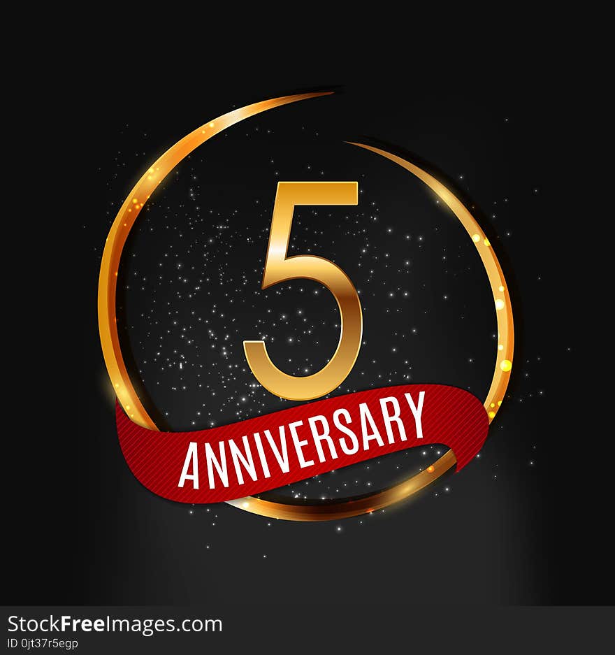 Template Gold Logo 5 Years Anniversary with Red Ribbon Vector Illustration EPS10