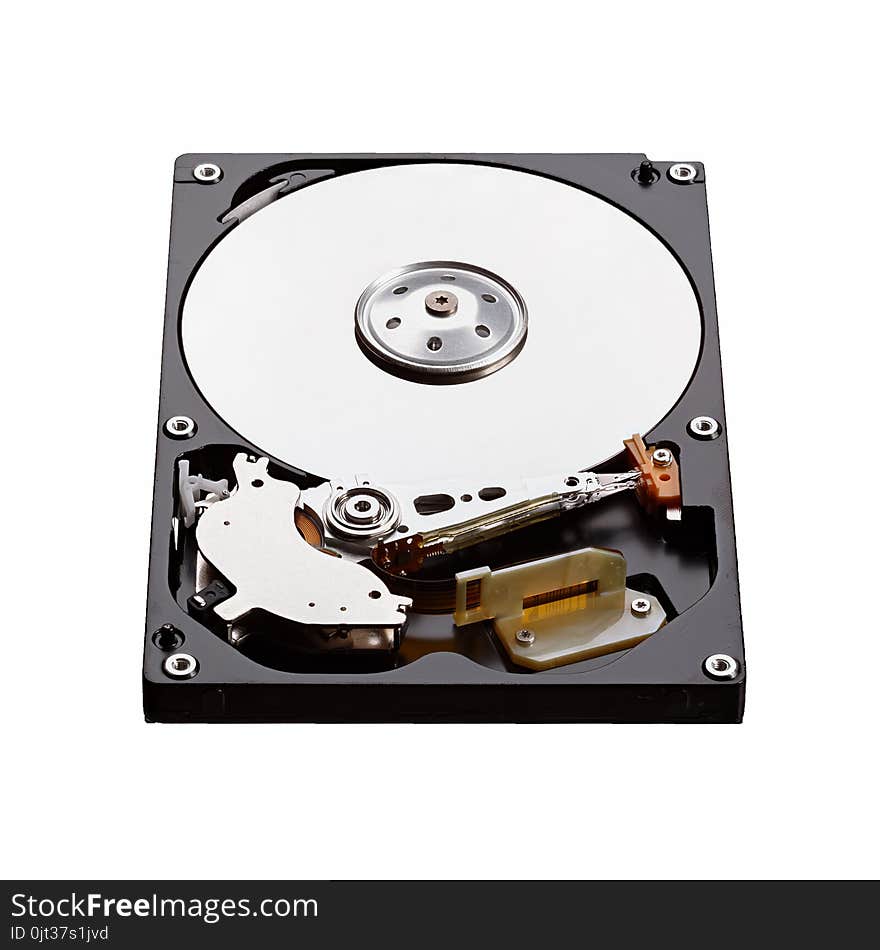 Real open hard drive isolated on white.