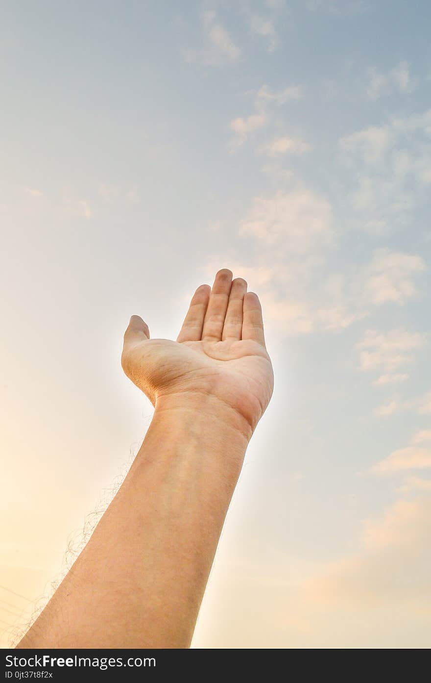 Close up adult hand reaching out towards the sky