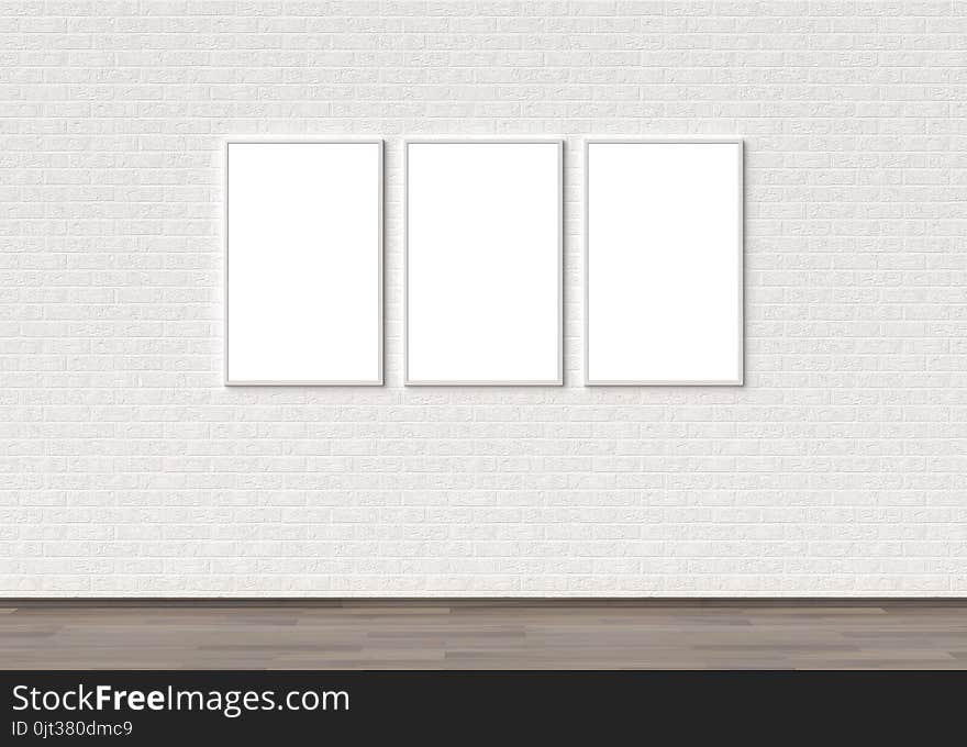 Empty Frame mock ups on white brick wall. 3D illustrating.