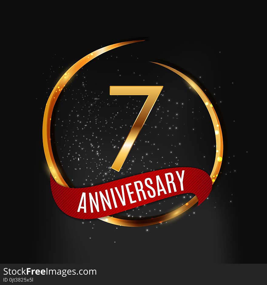 Template Gold Logo 7 Years Anniversary with Red Ribbon Vector Illustration