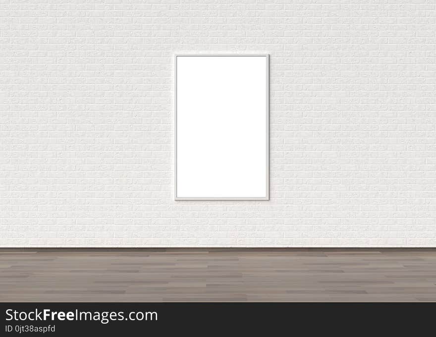 Empty Frame Mock Up On White Brick Wall. 3D Illustrating.