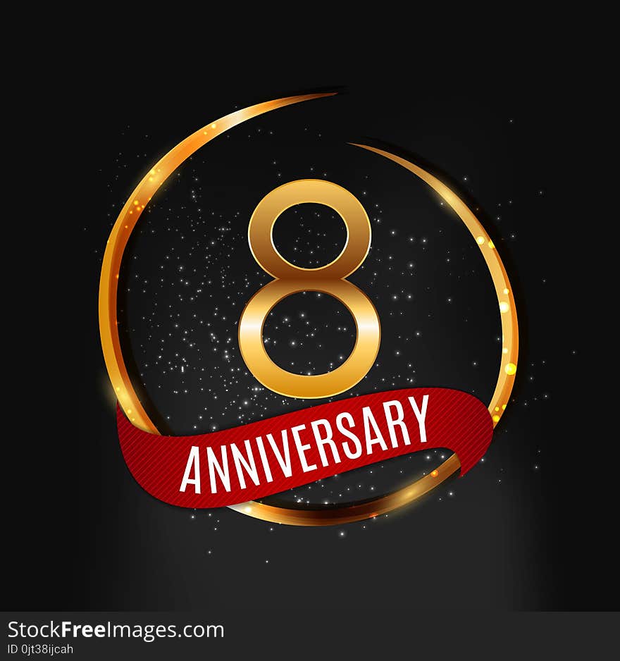 Template Gold Logo 8 Years Anniversary With Red Ribbon Vector Illustration