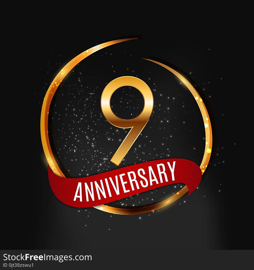 Template Gold Logo 9 Years Anniversary with Red Ribbon Vector Illustration