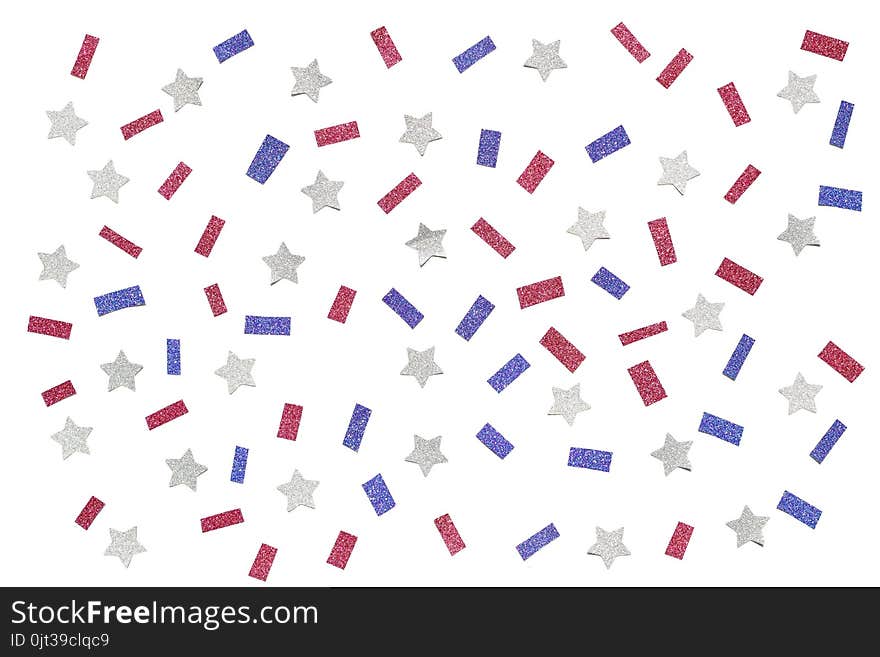 Blue red and white glitter star paper cut on white background