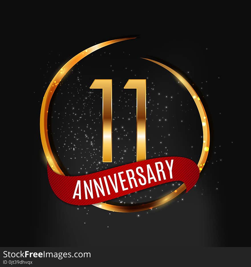 Template Gold Logo 11 Years Anniversary with Red Ribbon Vector Illustration