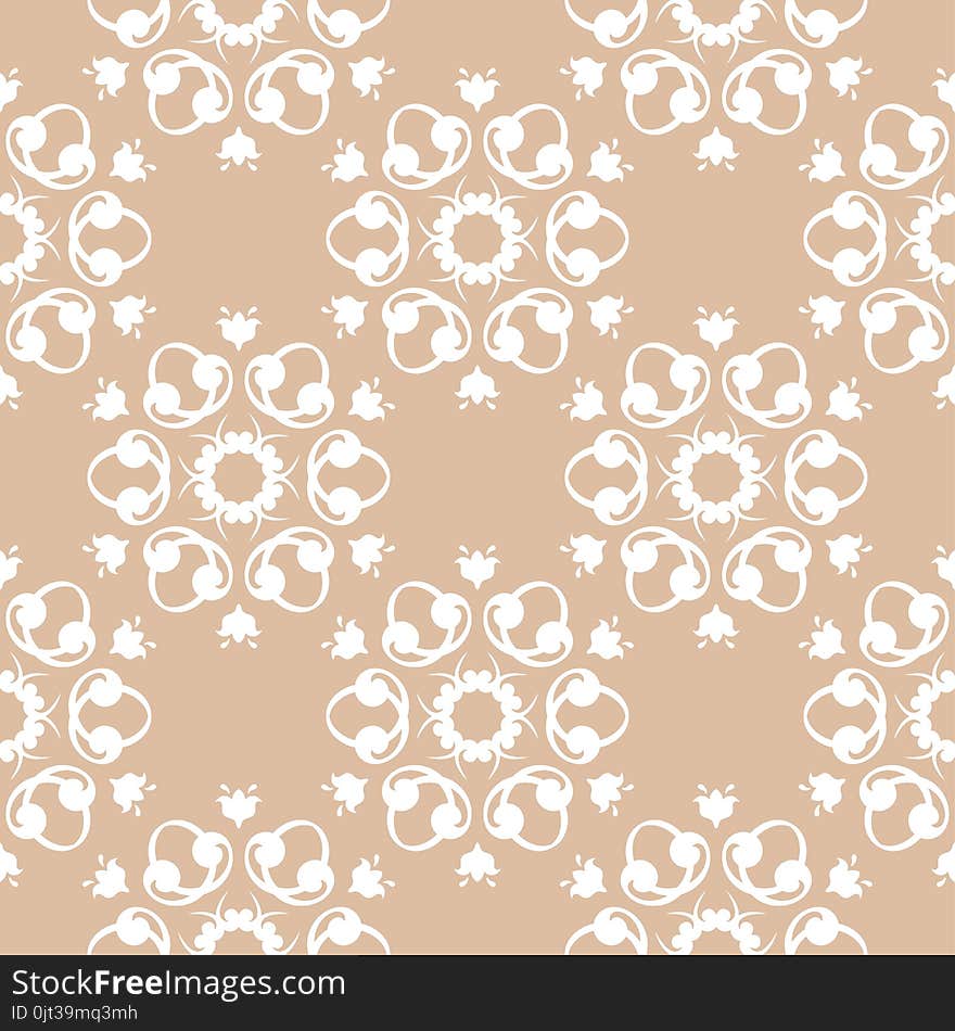 White floral ornament on beige background. Seamless pattern for textile and wallpapers. White floral ornament on beige background. Seamless pattern for textile and wallpapers