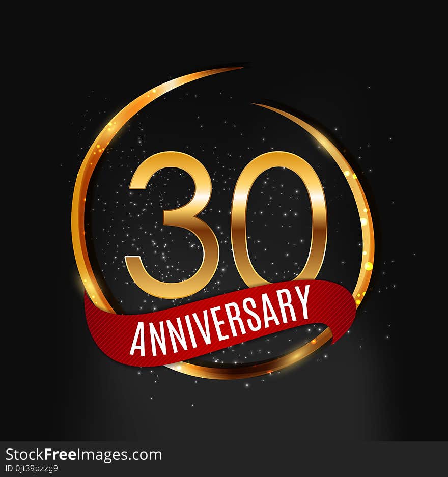 Template Gold Logo 30 Years Anniversary With Red Ribbon Vector Illustration