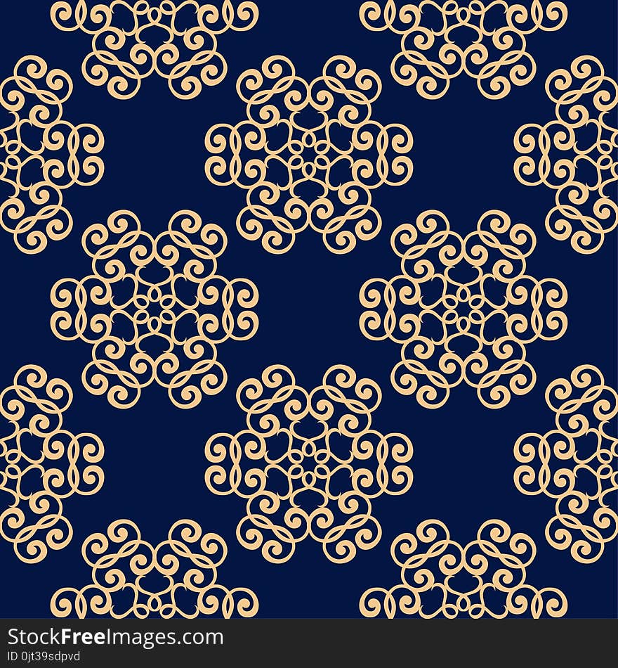 Golden floral ornament on dark blue background. Seamless pattern for textile and wallpapers. Golden floral ornament on dark blue background. Seamless pattern for textile and wallpapers