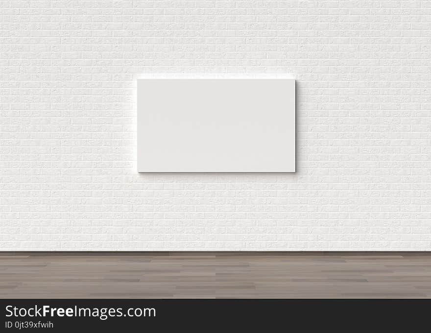 Empty Frame Mock Up On White Brick Wall. 3D Illustrating.