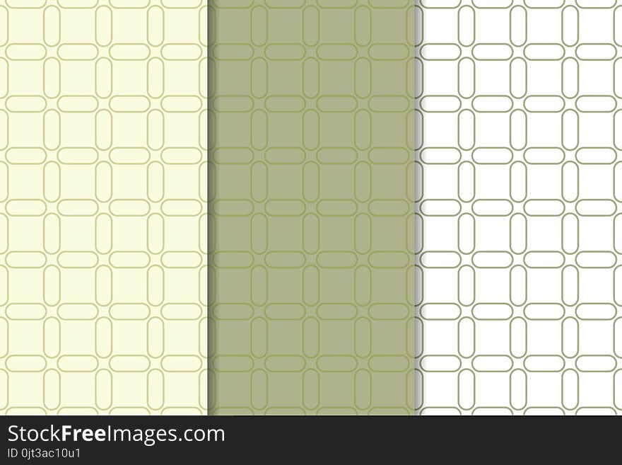 Olive green and white geometric ornaments. Set of seamless patterns