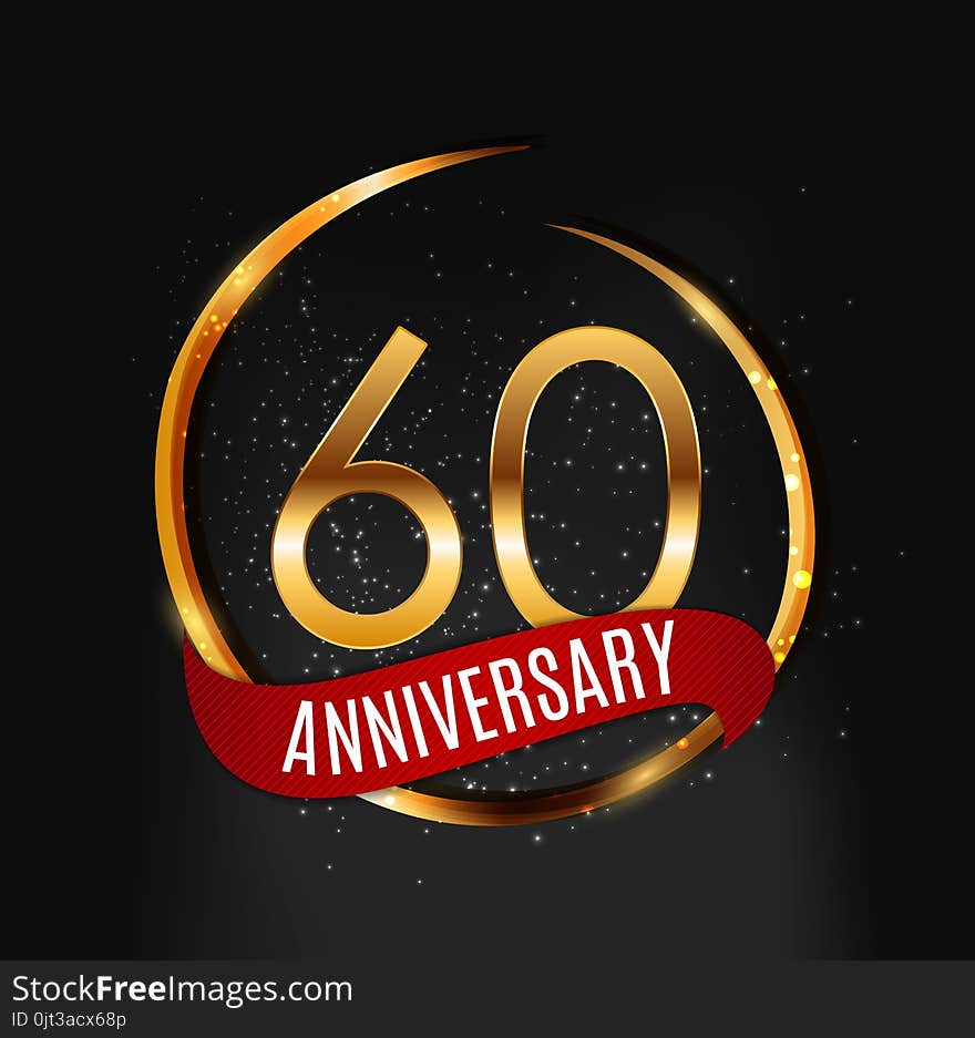 Template Gold Logo 60 Years Anniversary with Red Ribbon Vector Illustration