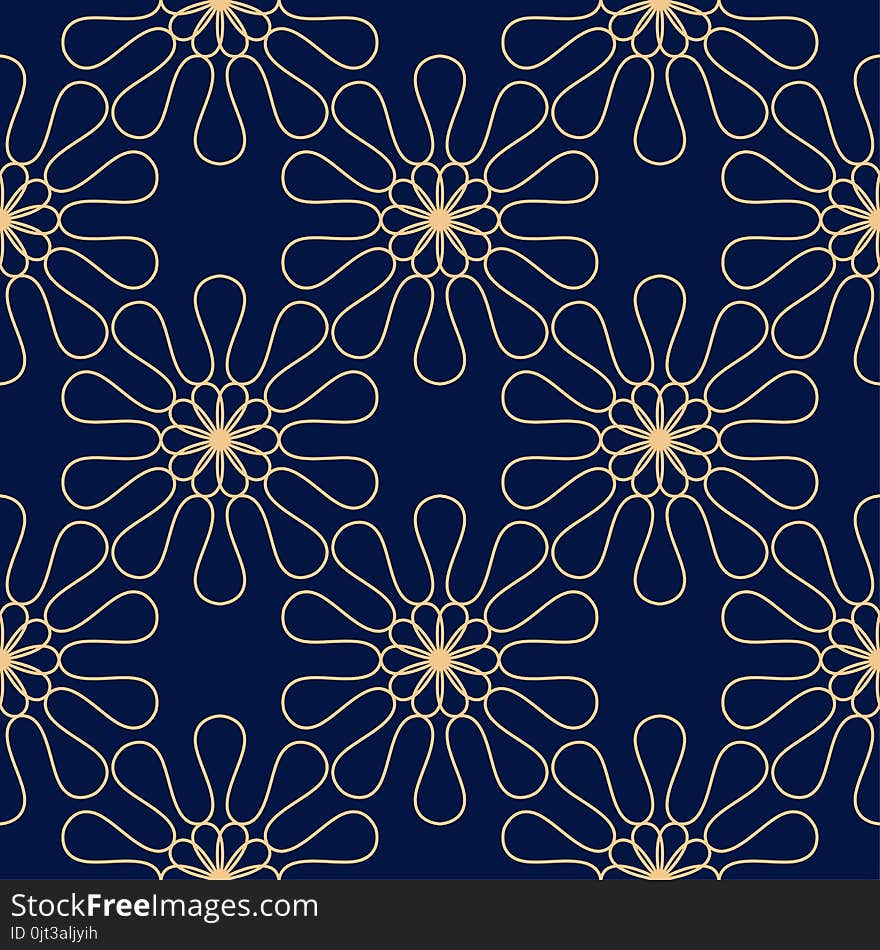 Golden flowers on blue background. Ornamental seamless pattern