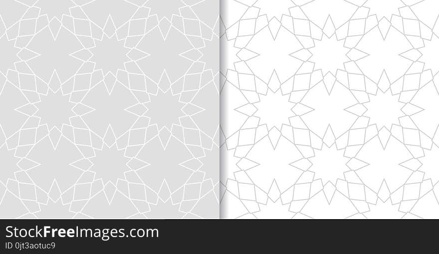 Set of geometric ornaments. Light gray seamless patterns for web, textile and wallpapers