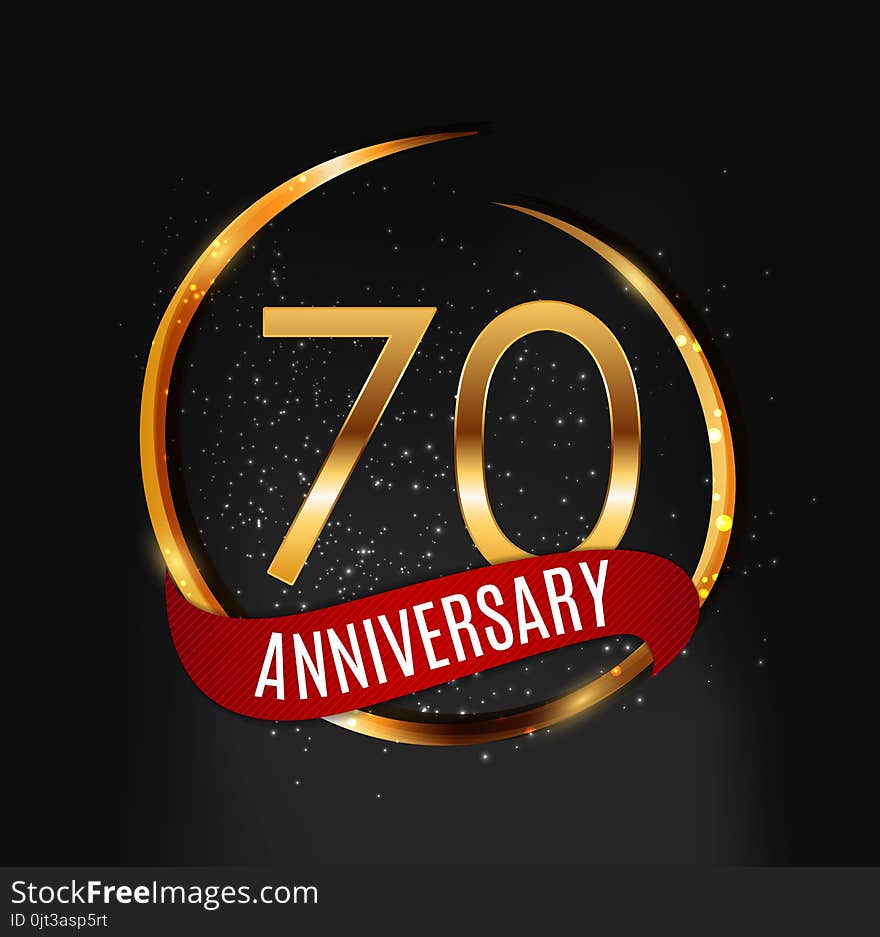 Template Gold Logo 70 Years Anniversary with Red Ribbon Vector Illustration EPS10