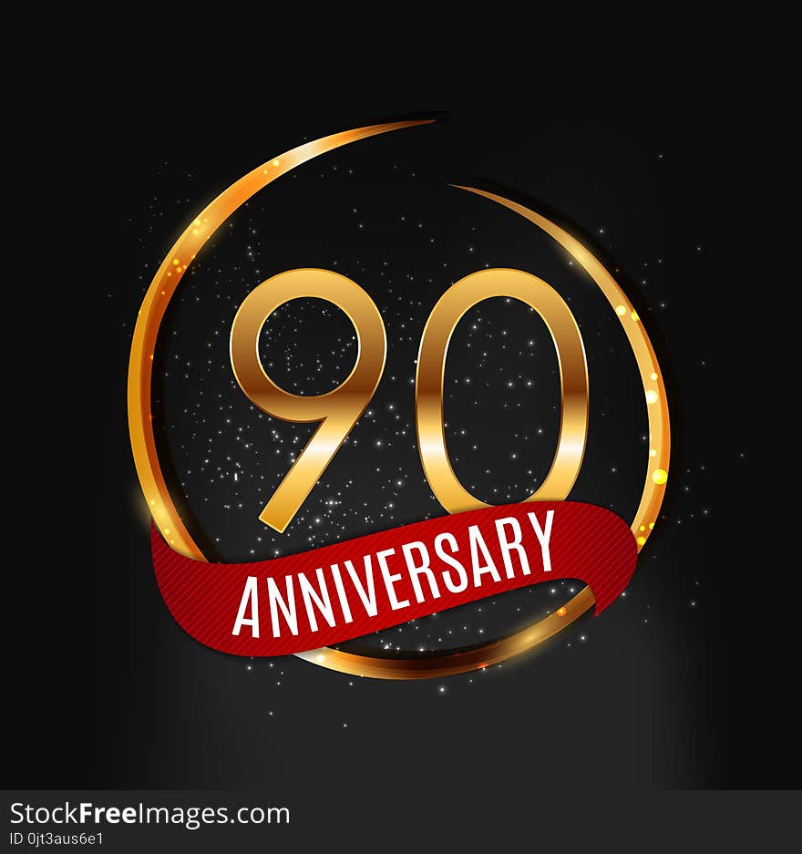 Template Gold Logo 90 Years Anniversary With Red Ribbon Vector Illustration