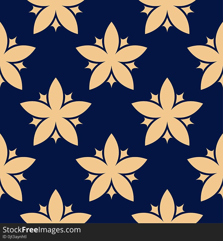 Golden floral ornament on dark blue background. Seamless pattern for textile and wallpapers. Golden floral ornament on dark blue background. Seamless pattern for textile and wallpapers