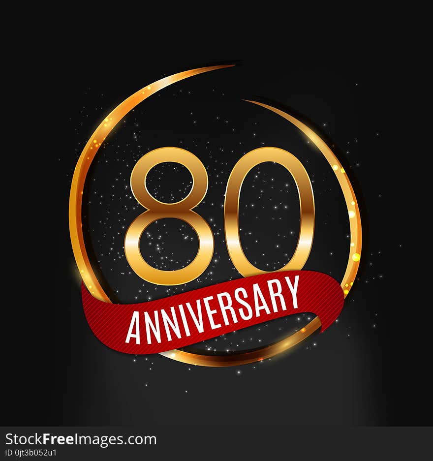 Template Gold Logo 80 Years Anniversary With Red Ribbon Vector Illustration