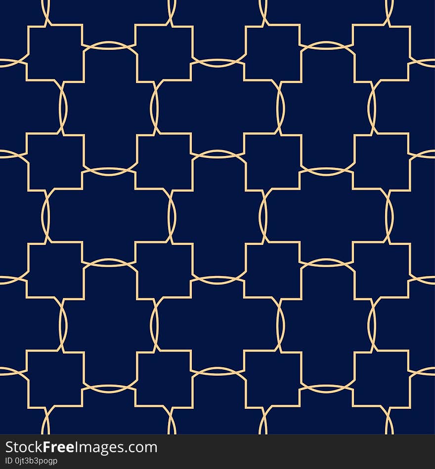 Golden blue geometric ornament. Seamless pattern for web, textile and wallpapers