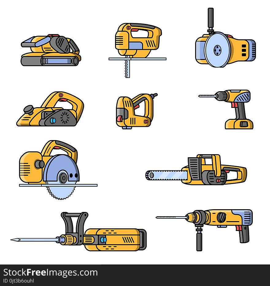 Set of electric construction tools. Flat style professional builder tool. Angle belt grinder, chainsaw, circular saw, jackhammer, jigsaw, jointer, puncher, screwdriver stapler Vector illustration