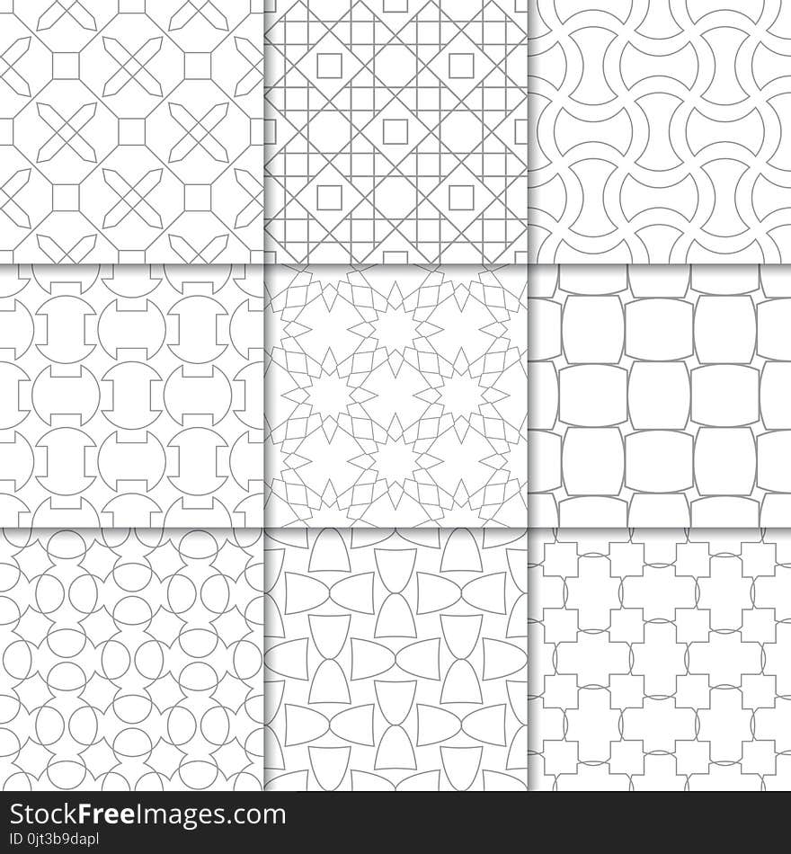 Light gray geometric ornaments. Collection of neutral seamless patterns for web, textile and wallpapers. Light gray geometric ornaments. Collection of neutral seamless patterns for web, textile and wallpapers