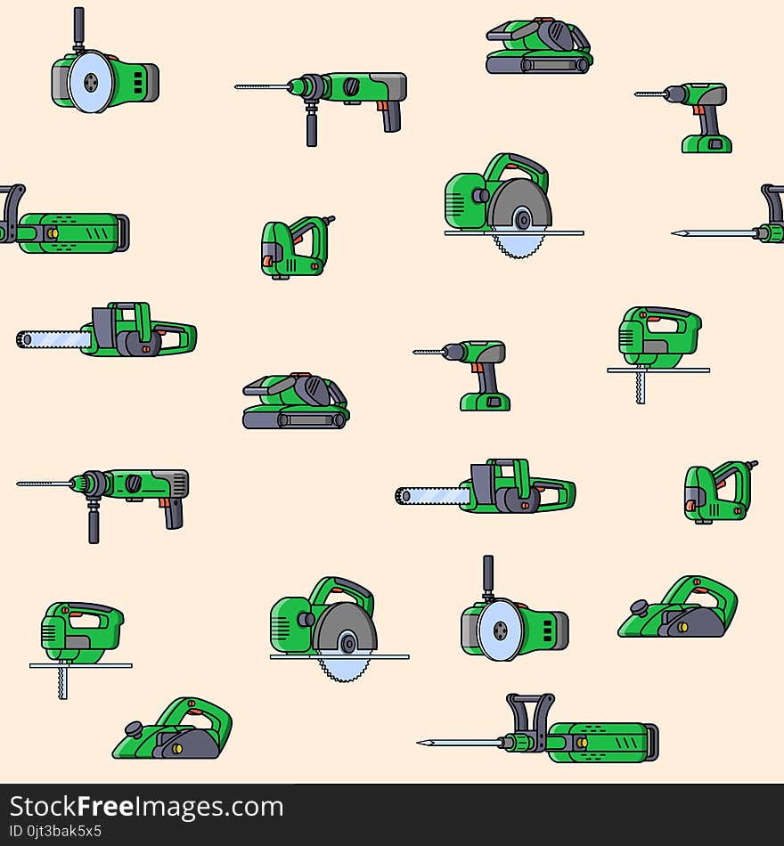 Seamless pattern of electric construction tools. Flat style seamless background of professional builder tool. Angle belt grinder, chainsaw, circular saw, jackhammer, jigsaw, jointer, puncher, screwdriver, stapler. Vector illustration