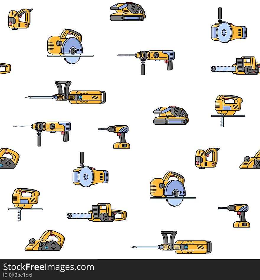 Seamless pattern of electric construction tools. Flat style seamless background of professional builder tool. Angle belt grinder, chainsaw, circular saw, jackhammer, jigsaw, jointer, puncher, screwdriver, stapler. Vector illustration