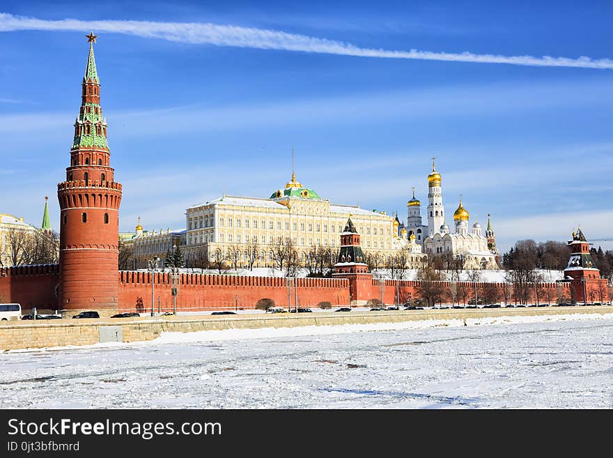 Kremlin embankment runs along the Moscow river past the southern wall of the Kremlin with seven towers. The Grand Kremlin Palace is a pearl of architecture, a historical monument. Kremlin embankment runs along the Moscow river past the southern wall of the Kremlin with seven towers. The Grand Kremlin Palace is a pearl of architecture, a historical monument.