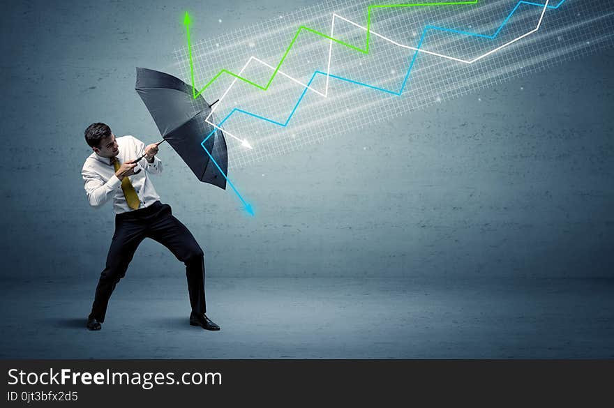 Business person with umbrella and colorful stock market arrows concept