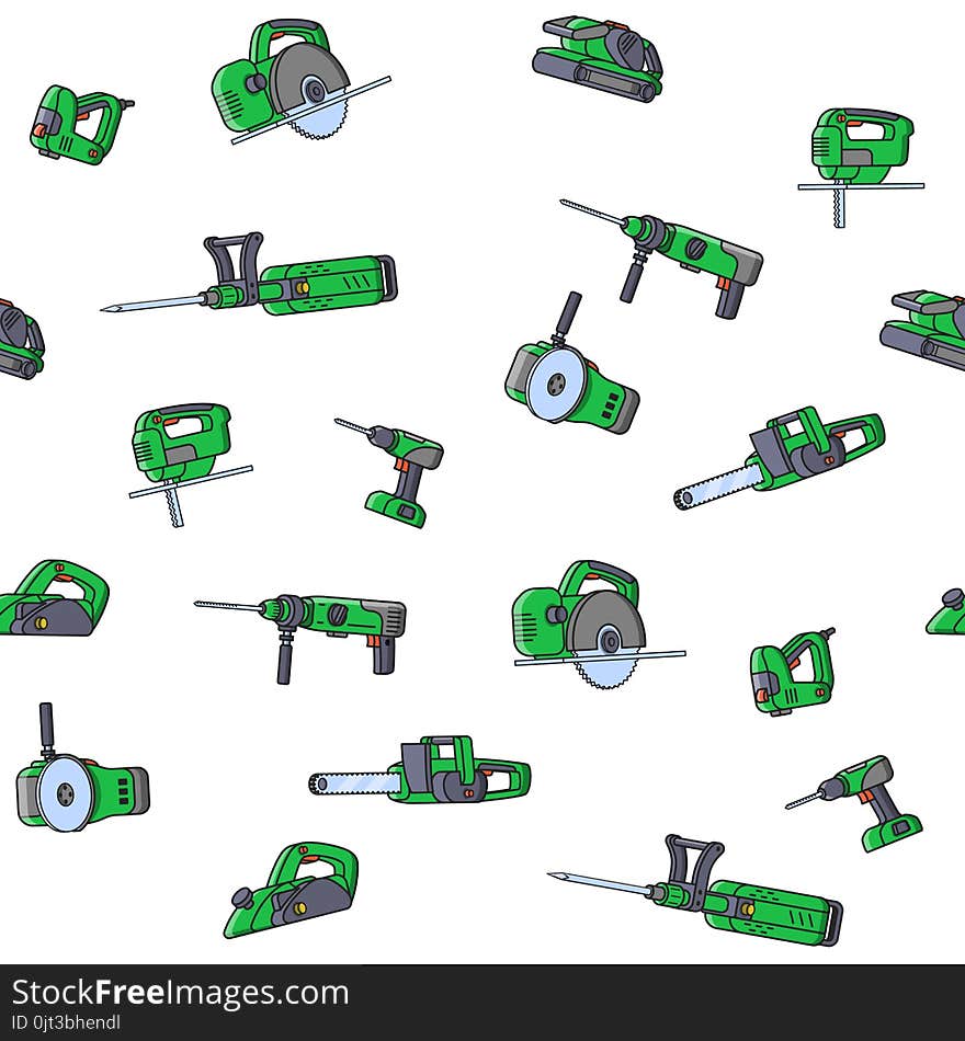 Seamless pattern of electric construction tools. Flat style seamless background of professional builder tool. Angle belt grinder, chainsaw, circular saw, jackhammer, jigsaw, jointer, puncher, screwdriver, stapler. Vector illustration