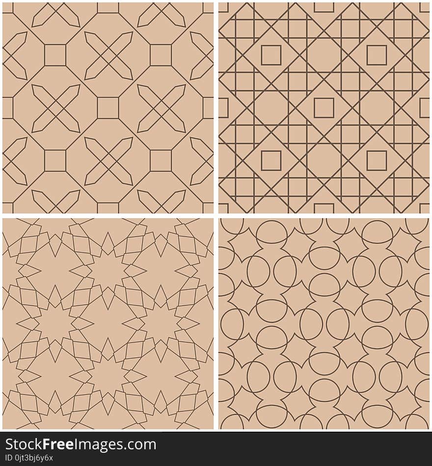 Geometric patterns. Set of beige and brown seamless backgrounds. Vector illustration