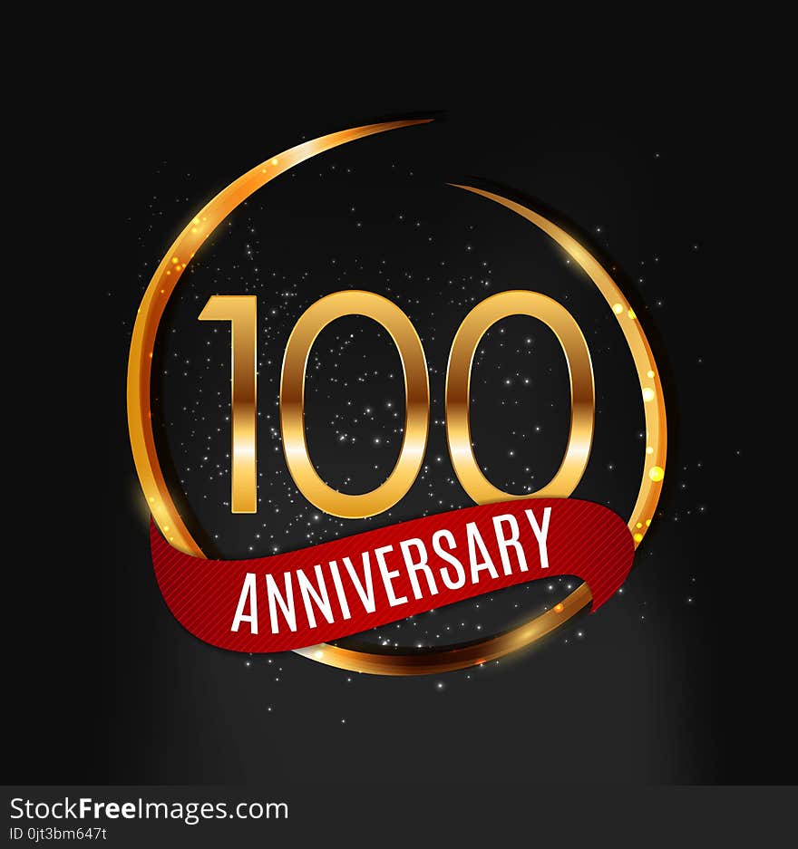 Template Gold Logo 100 Years Anniversary with Red Ribbon Vector Illustration EPS10