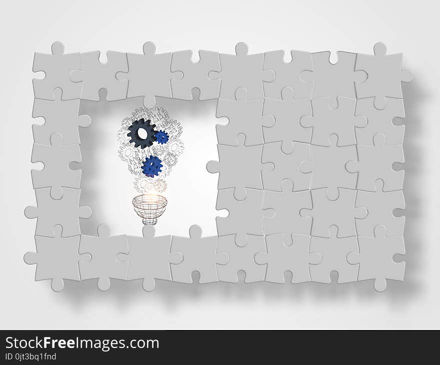 3d gear in lightbulb shape surrounding with jigsaws represent innovation and technology concept. Technology background. Vector illustration.