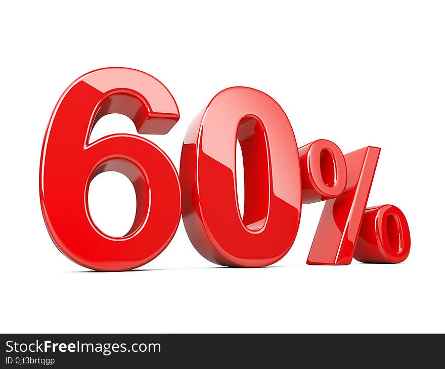 Sixty red percent symbol. 60% percentage rate. Special offer discount. 3d illustration isolated over white background.