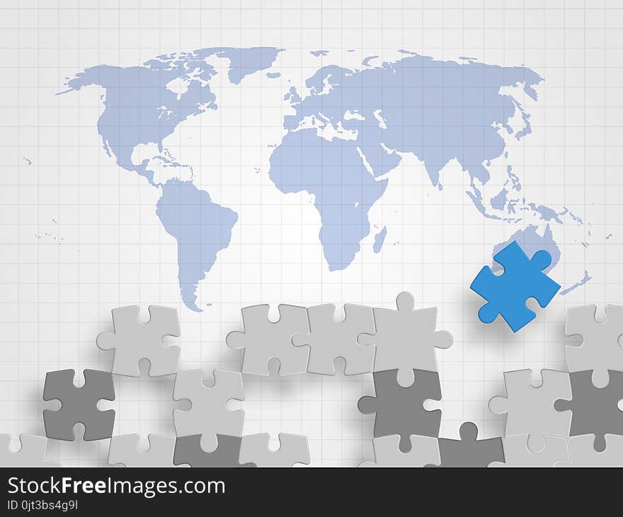 Pieces Of Jigsaw On World Map Represents Concept Of Teamwork, Creative Thinking, Global Connection And Innovation.