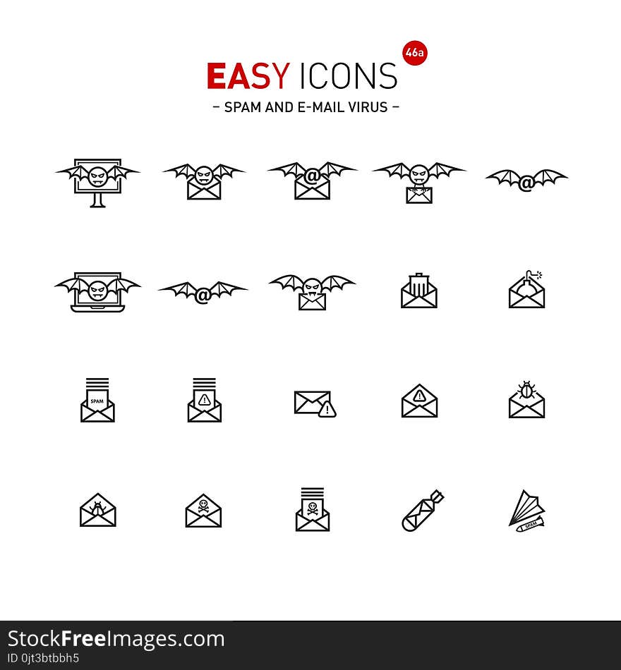 Vector thin line flat design icon set for spam and mail virus theme. Vector thin line flat design icon set for spam and mail virus theme