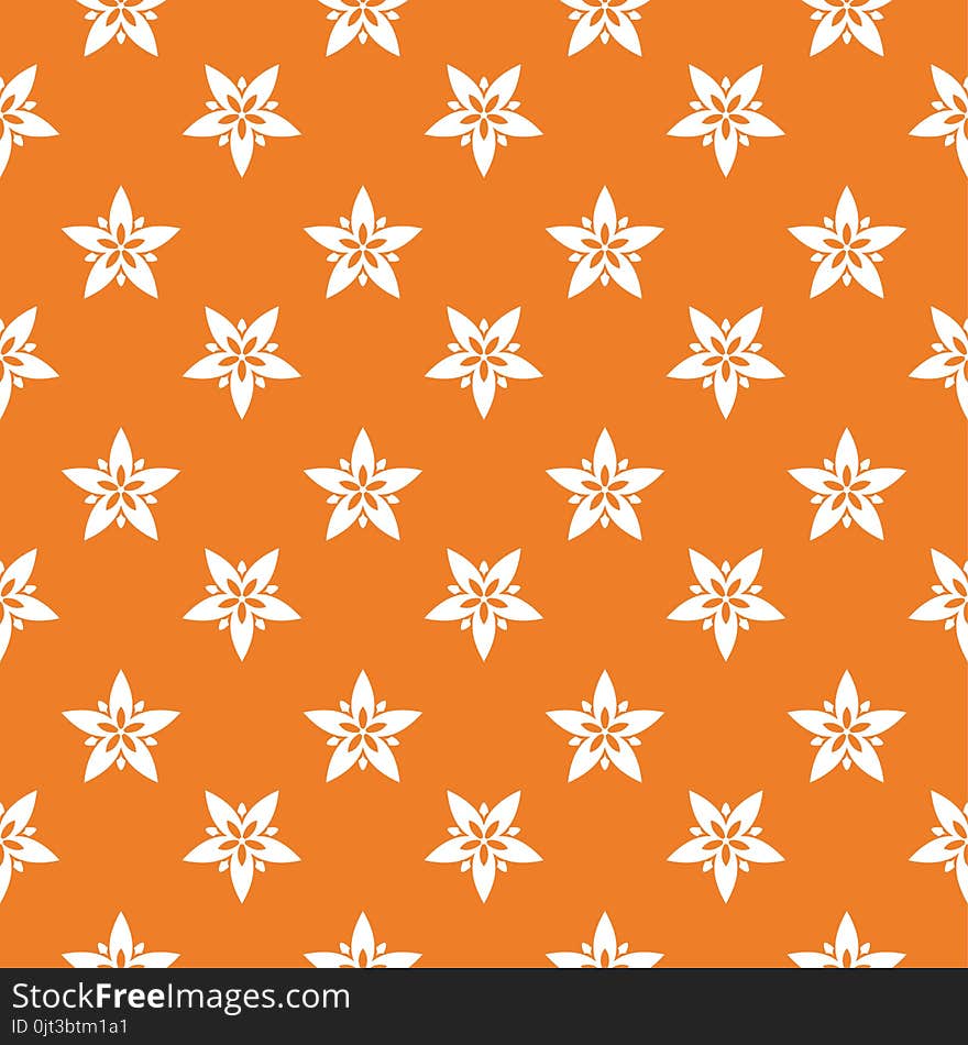 White floral design on orange background. Seamless pattern for textile and wallpapers. White floral design on orange background. Seamless pattern for textile and wallpapers