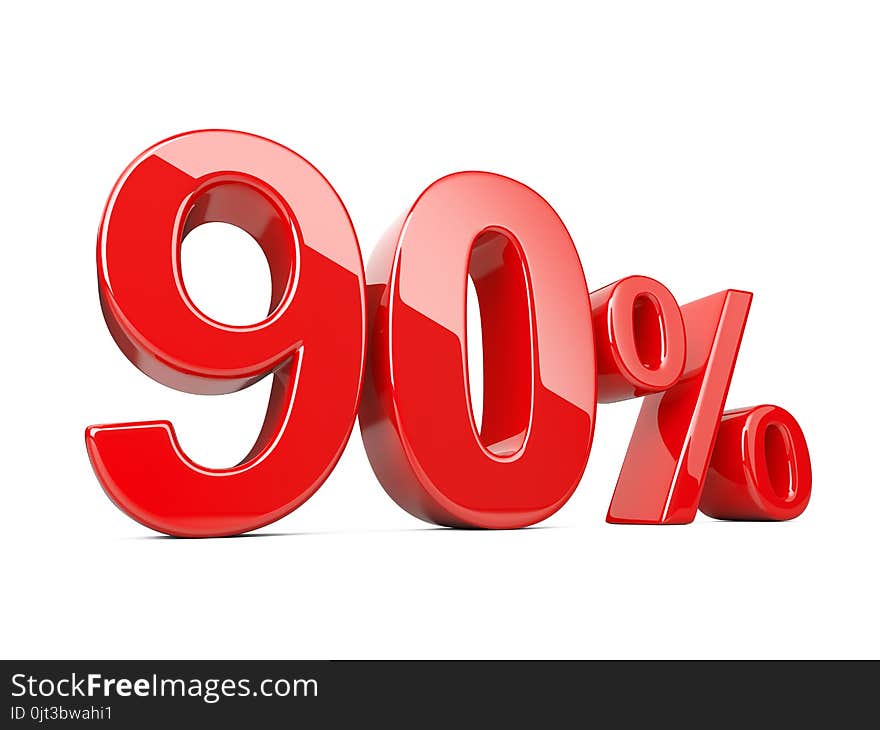 Ninety red percent symbol. 90% percentage rate. Special offer discount. 3d illustration isolated over white background.