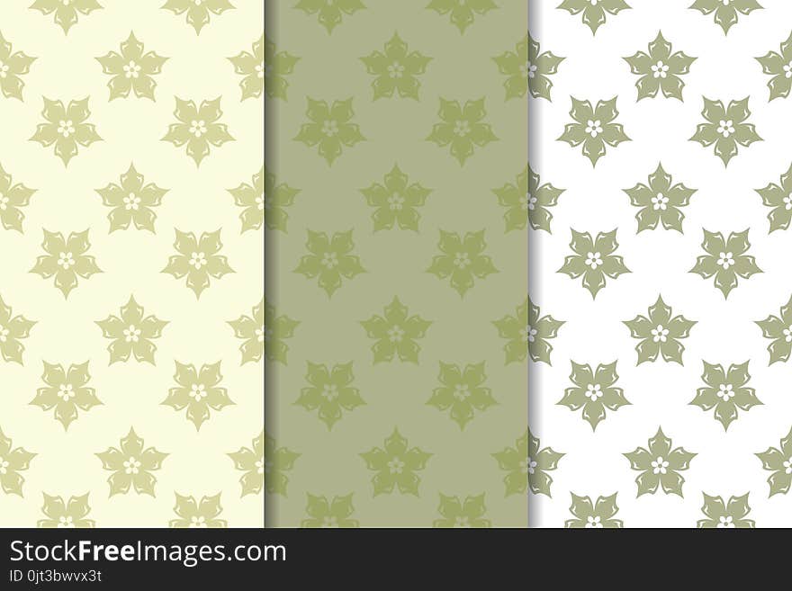 Olive Green Floral Seamless Ornaments. Set Of Vertical Patterns