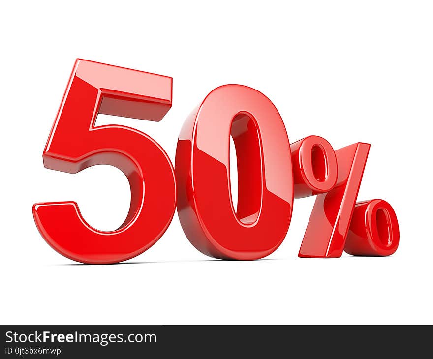 Fifty red percent symbol. 50% percentage rate. Special offer discount. 3d illustration isolated over white background.