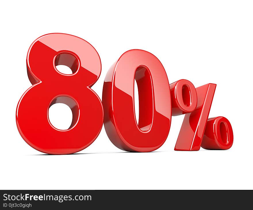 Eighty red percent symbol. 80% percentage rate. Special offer discount. 3d illustration isolated over white background.