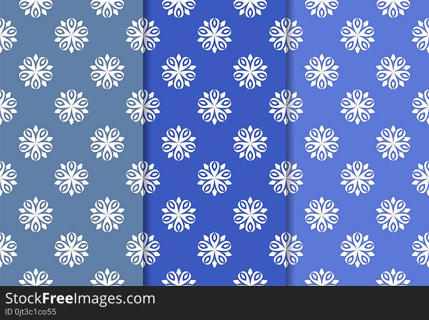 Set Of Floral Ornaments. Vertical Blue Seamless Patterns