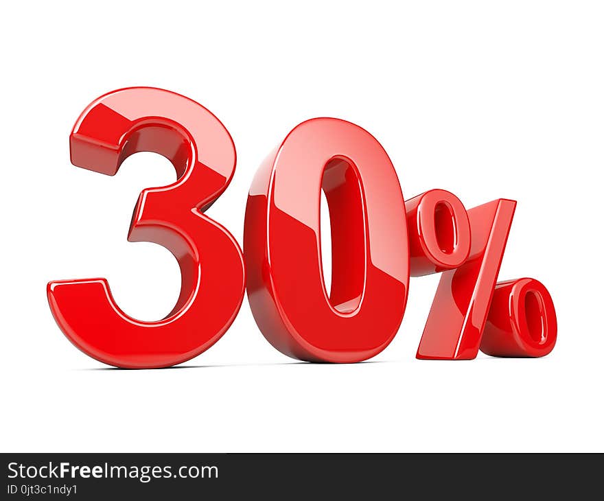 Thirty red percent symbol. 30% percentage rate. Special offer discount. 3d illustration isolated over white background.