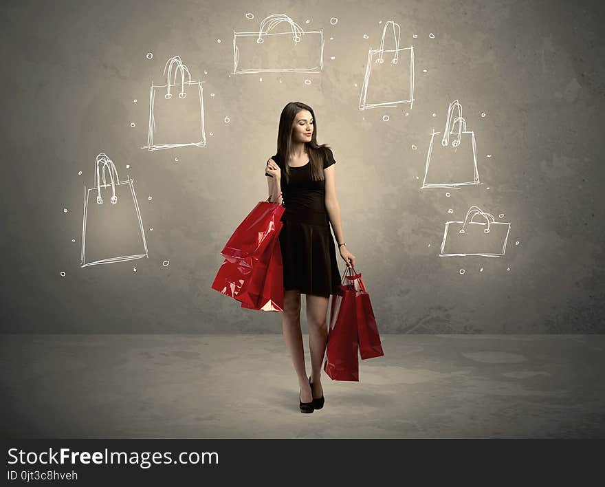 Mall lady with drawn shopping bags on wall