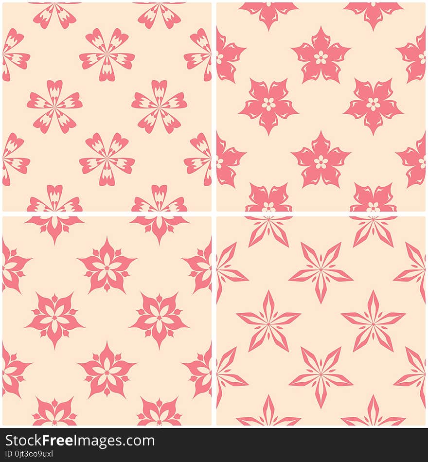 Floral patterns. Set of beige and red seamless backgrounds