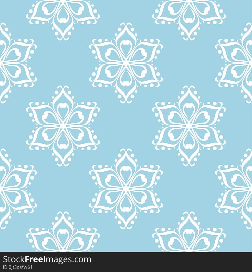 White Flowers On Blue Background. Ornamental Seamless Pattern