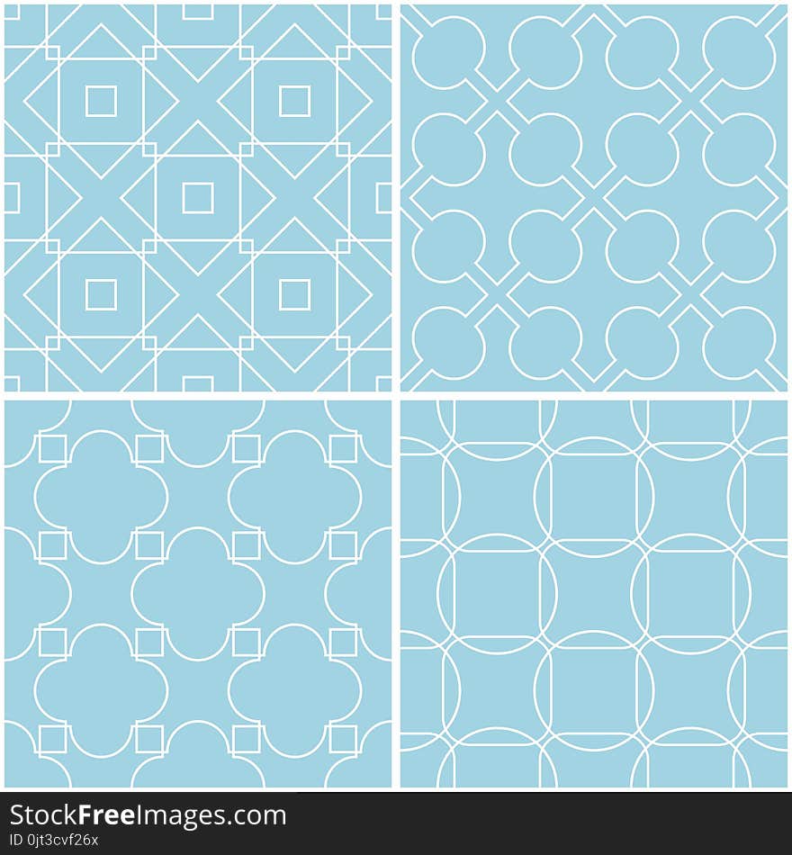 Geometric patterns. Set of blue and white seamless backgrounds