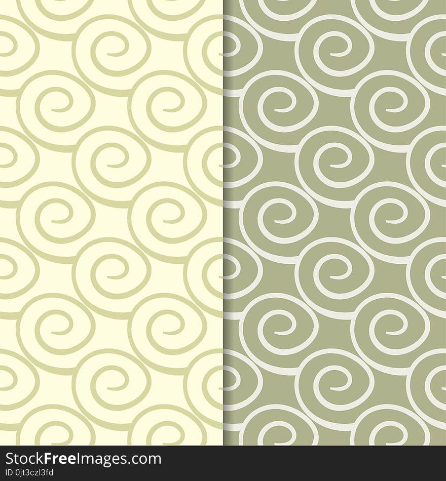 Olive green geometric ornaments. Set of seamless patterns