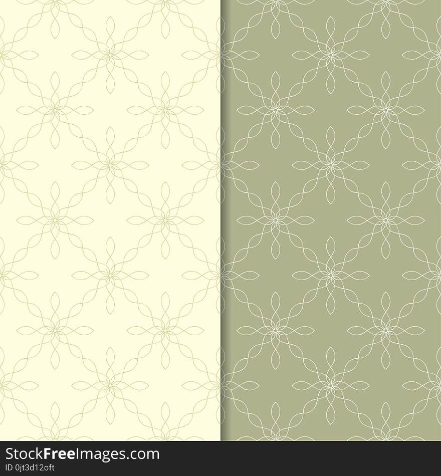 Olive Green Geometric Ornaments. Set Of Seamless Patterns