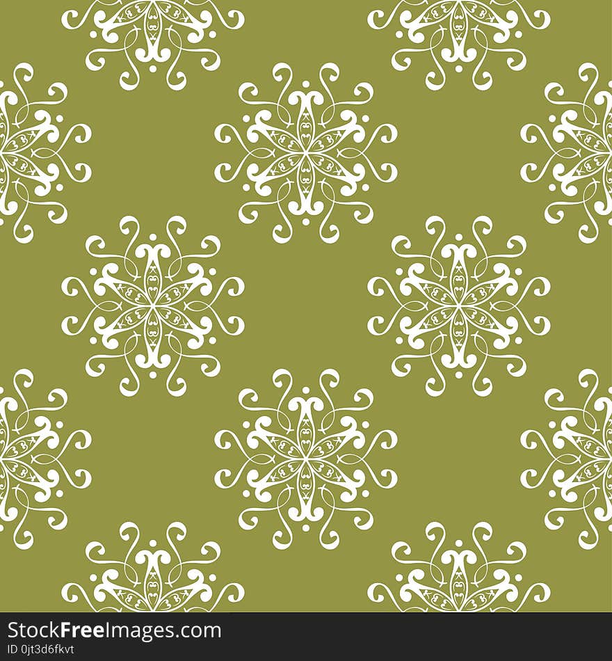 White floral ornament on olive green background. Seamless pattern for textile and wallpapers. White floral ornament on olive green background. Seamless pattern for textile and wallpapers